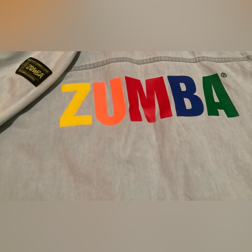 Zumba shirt, Sz LARGE,button up-Denim,Multicolor, great condition. I wore once.